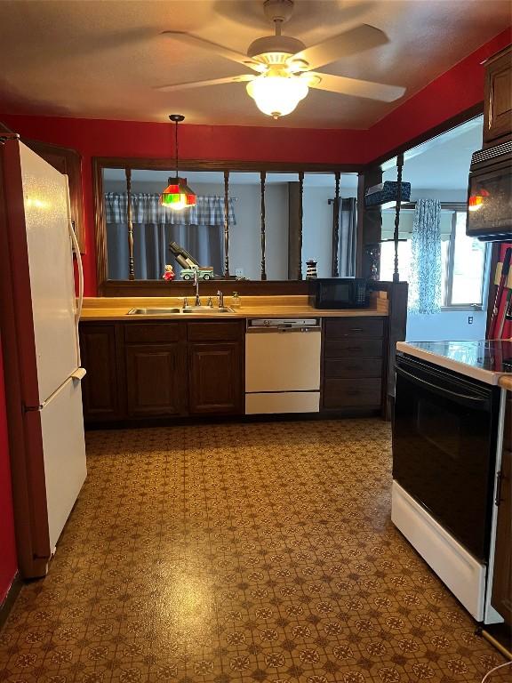 kitchen with white appliances, sink, hanging light fixtures, ceiling fan, and dark brown cabinets