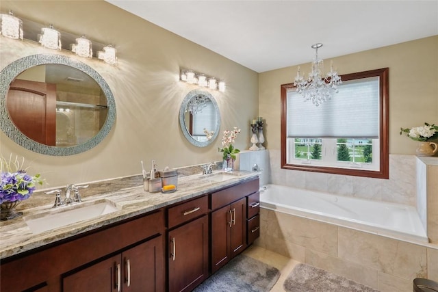 5640 Bear Run Cir, Fairview, PA 16415 - bathroom featuring double vanity, a bath, a chandelier, a tile shower, and tile patterned flooring