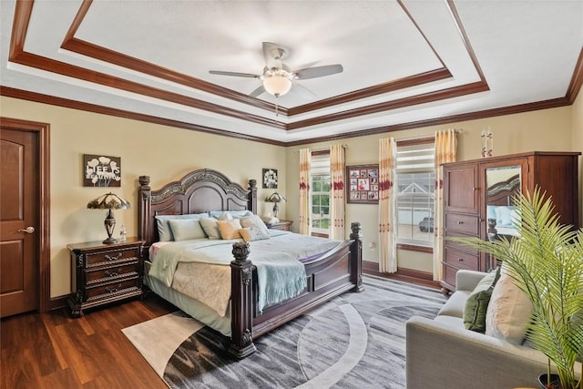 5640 Bear Run Cir, Fairview, PA 16415 - bedroom featuring a raised ceiling, crown molding, access to outside, dark wood-style flooring, and baseboards