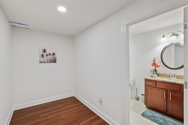5640 Bear Run Cir, Fairview, PA 16415 - bathroom with vanity, toilet, baseboards, wood finished floors, and recessed lighting