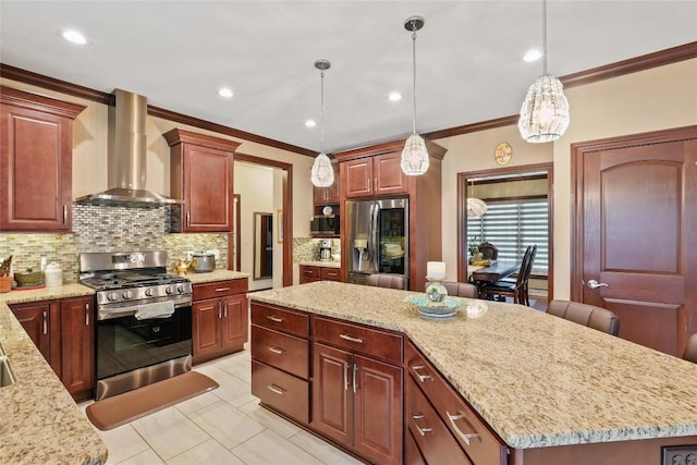 5640 Bear Run Cir, Fairview, PA 16415 - kitchen with appliances with stainless steel finishes, wall chimney range hood, a center island, decorative backsplash, and crown molding