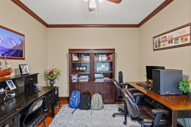 5640 Bear Run Cir, Fairview, PA 16415 - office space featuring crown molding, a ceiling fan, baseboards, and wood finished floors