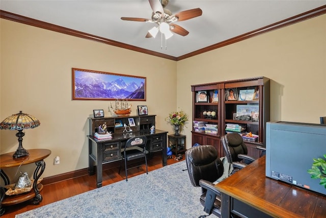 5640 Bear Run Cir, Fairview, PA 16415 - office area with wood finished floors, ceiling fan, crown molding, and baseboards
