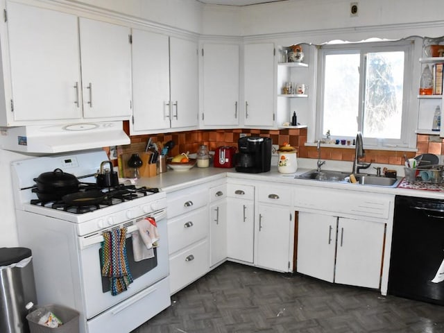 kitchen with black dishwasher, white gas range, white cabinets, and sink