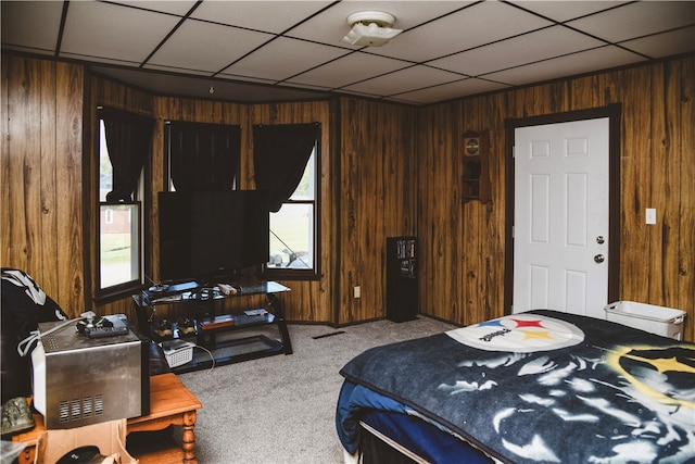 212 Main St, Jamestown, PA 16134 - carpeted bedroom with wooden walls and a drop ceiling
