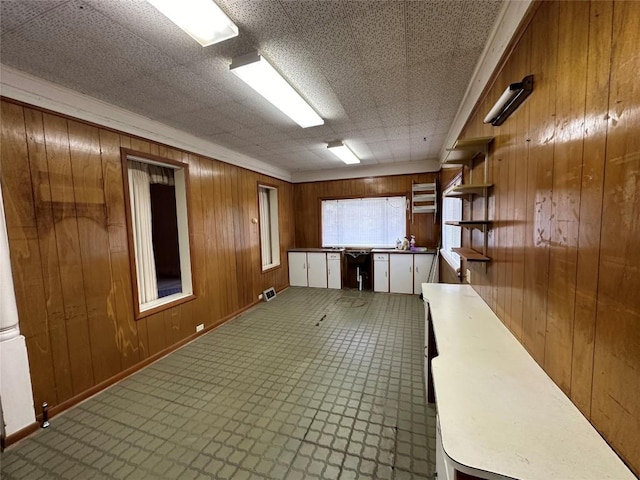 basement featuring wood walls and crown molding