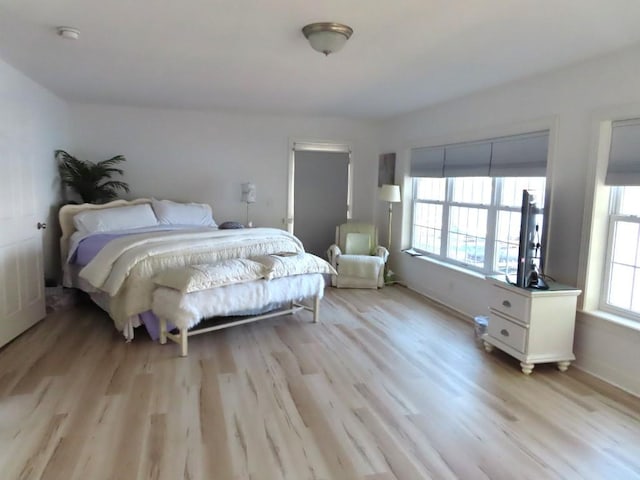 bedroom featuring multiple windows and light hardwood / wood-style flooring