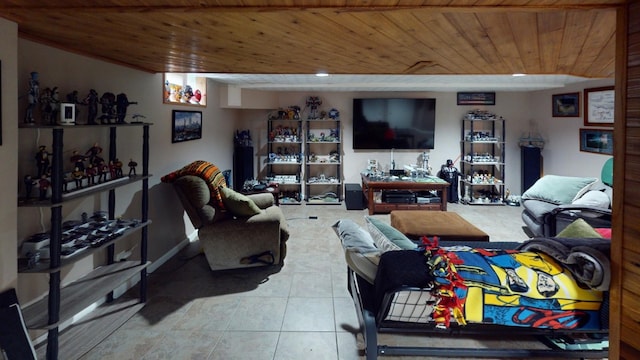 living room with tile patterned flooring and wooden ceiling