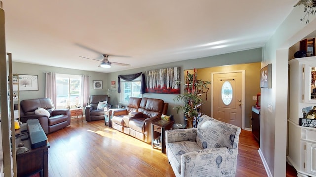 living room featuring ceiling fan and wood-type flooring