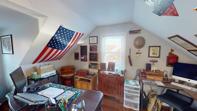 office space with lofted ceiling and dark hardwood / wood-style floors