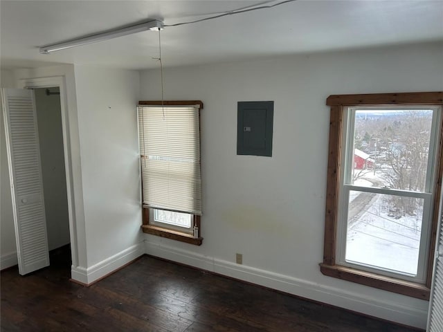 unfurnished dining area featuring dark wood-style flooring, a healthy amount of sunlight, electric panel, and baseboards