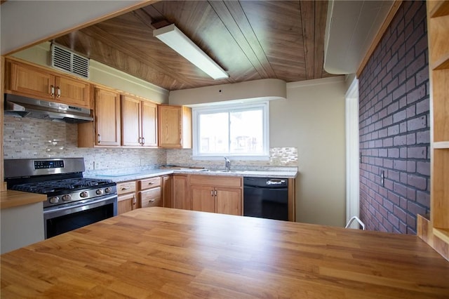 kitchen with wood counters, decorative backsplash, wood ceiling, black dishwasher, and stainless steel range with gas cooktop