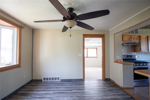 kitchen with plenty of natural light, dark hardwood / wood-style flooring, tasteful backsplash, and gas range