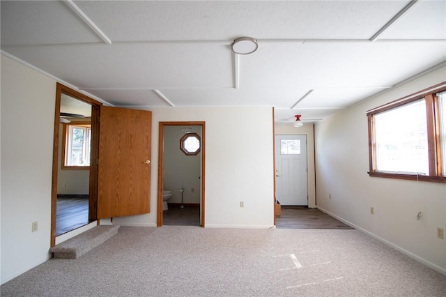 carpeted empty room featuring ceiling fan