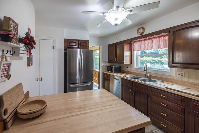 2548 E 32nd St, Erie, PA 16510 - kitchen with stainless steel appliances, tasteful backsplash, dark brown cabinetry, butcher block countertops, and ceiling fan