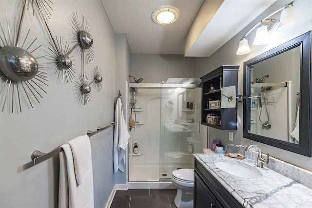 full bath with baseboards, toilet, tile patterned floors, vanity, and a shower stall