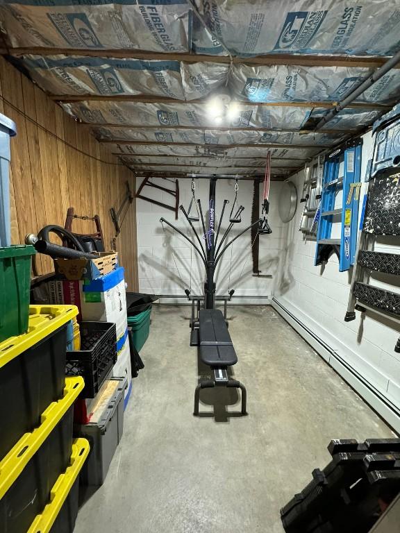 basement featuring wood walls