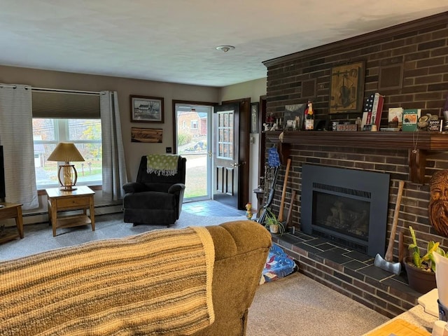 carpeted living room with a brick fireplace and plenty of natural light