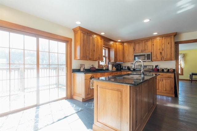 kitchen featuring dark wood-type flooring, dark stone counters, sink, and a center island with sink