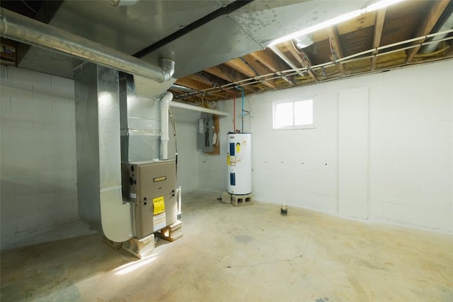 basement with water heater and heating unit