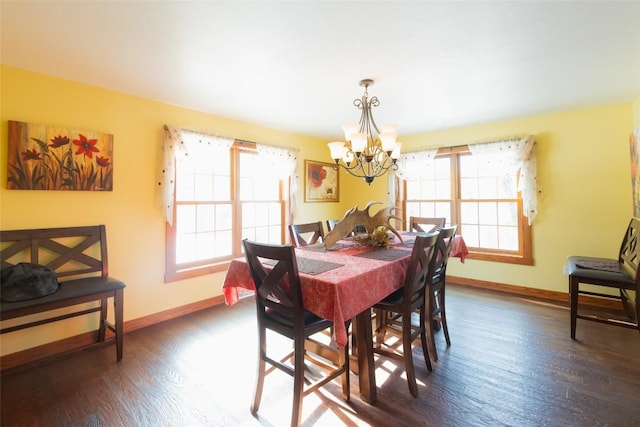 dining room with dark wood-type flooring and a notable chandelier