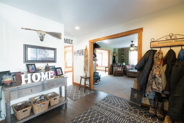 interior space with dark wood-type flooring