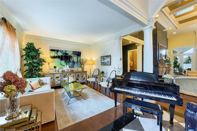 interior space with wood-type flooring, ornate columns, and ornamental molding