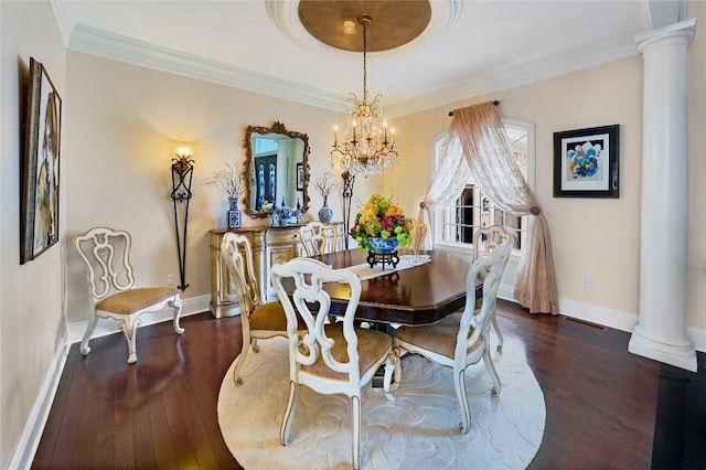 dining space featuring an inviting chandelier, ornate columns, crown molding, and dark wood-type flooring