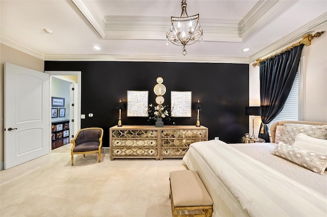 carpeted bedroom featuring a raised ceiling, crown molding, and a chandelier