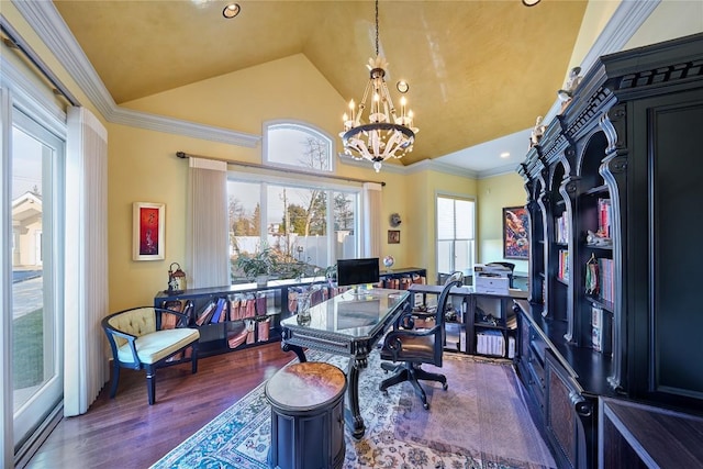 home office featuring a notable chandelier, dark hardwood / wood-style floors, lofted ceiling, and crown molding