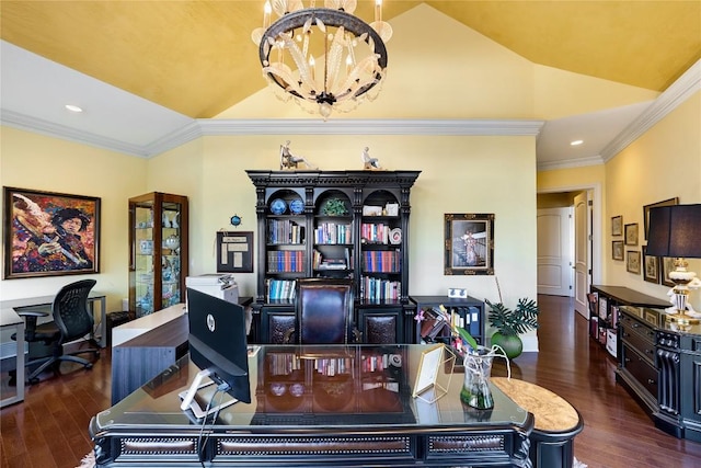 office space with a chandelier, dark hardwood / wood-style floors, ornamental molding, and vaulted ceiling