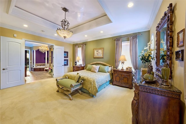 bedroom with a raised ceiling, light carpet, and crown molding