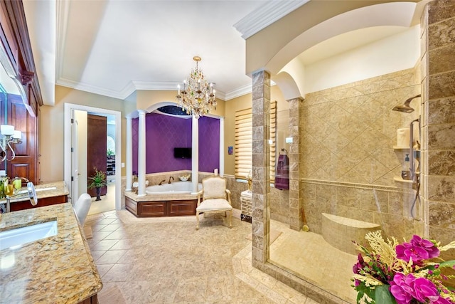 bathroom with decorative columns, vanity, crown molding, independent shower and bath, and a chandelier