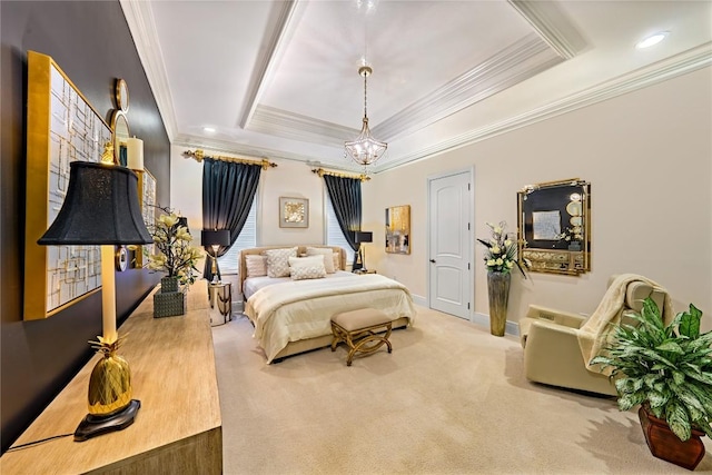 carpeted bedroom with a tray ceiling, an inviting chandelier, and ornamental molding