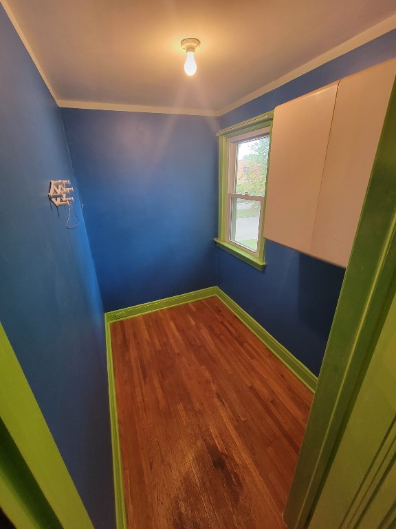 spare room featuring wood-type flooring and ornamental molding