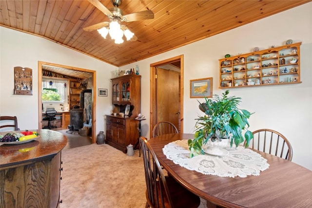 6946 Huntley Rd, West Springfield, PA 16443 - dining room with wooden ceiling, ceiling fan, crown molding, and light carpet