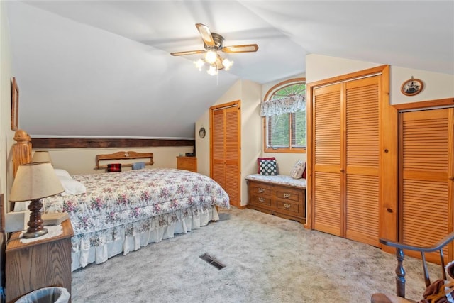 6946 Huntley Rd, West Springfield, PA 16443 - bedroom with two closets, lofted ceiling, carpet floors, and ceiling fan