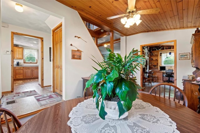 6946 Huntley Rd, West Springfield, PA 16443 - dining space featuring a ceiling fan, wood ceiling, and vaulted ceiling