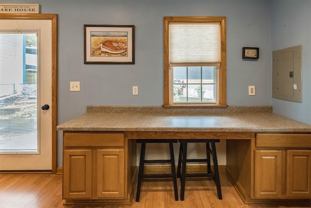 kitchen featuring electric panel and light hardwood / wood-style flooring