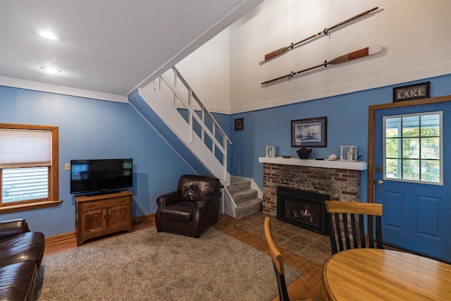 living room featuring hardwood / wood-style floors and a fireplace