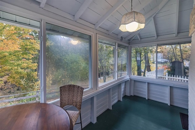 sunroom featuring lofted ceiling with beams and wood ceiling