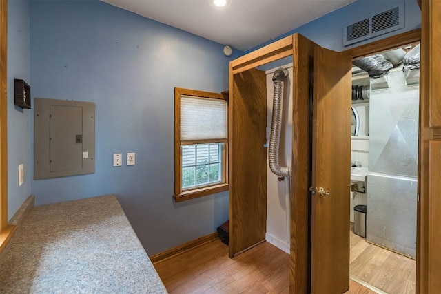 bathroom with wood-type flooring and electric panel