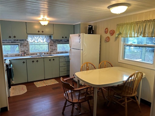 kitchen featuring green cabinets, a wealth of natural light, sink, and white refrigerator