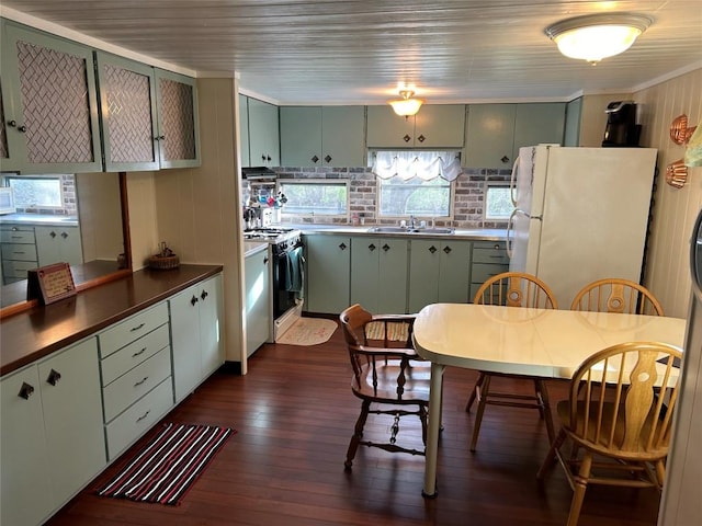 kitchen featuring sink, stainless steel gas stove, dark wood-type flooring, green cabinets, and white refrigerator