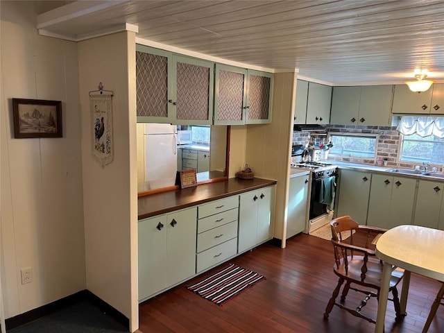 kitchen featuring dark wood-type flooring, white refrigerator, green cabinets, sink, and gas stove