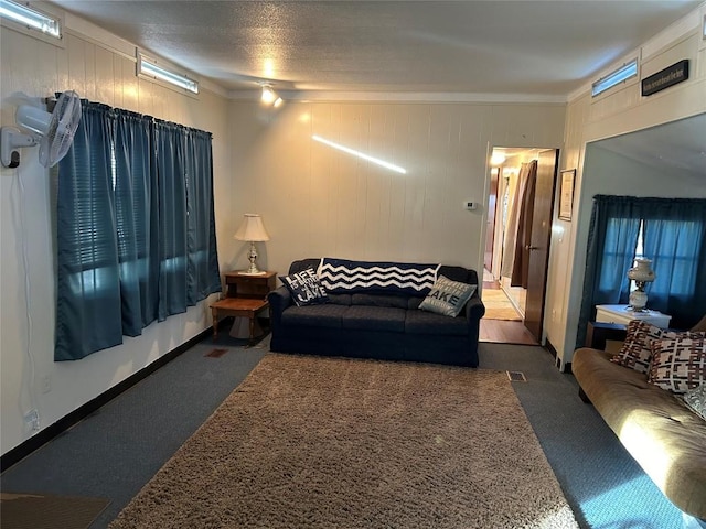 living room featuring a textured ceiling and dark carpet