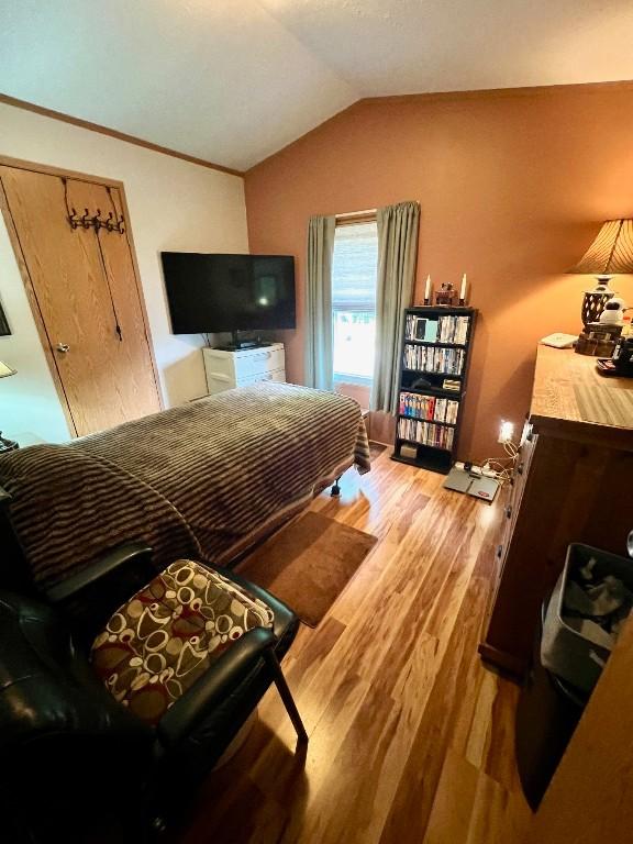 bedroom featuring light wood-type flooring and lofted ceiling