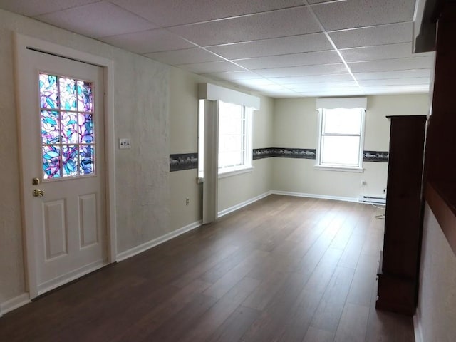 12322 N Watson Run Rd, Conneaut Lake, PA 16316 - entrance foyer featuring baseboards, a baseboard radiator, a paneled ceiling, and wood finished floors