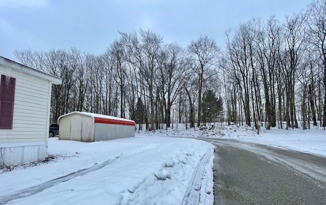 snowy yard with an outbuilding, a storage shed, and a garage