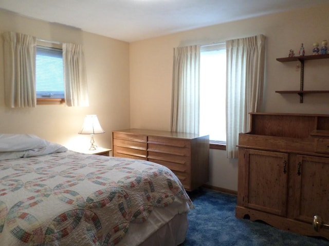 bedroom with dark colored carpet